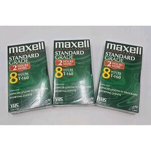 Lot 3 Maxell Standard Grade VHS Video Cassette Blank Tapes T-160 New & Sealed
